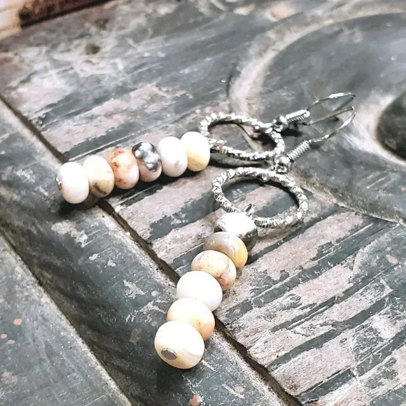 Agate Gemstone Rondelle Beads Textured Silver Ring Handcrafted Earrings - Picture 4 of 11